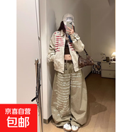 美式復古廓形水洗彎刀牛仔褲男女拖地寬松闊腿垂感情侶休閑直筒褲 B3162卡其色 3XL