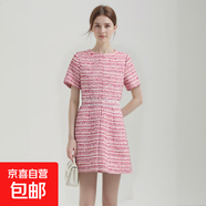 名媛小香風粗花呢粉色短袖收腰顯瘦連衣裙L29116 櫻花粉 S （80-100斤）
