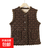 媽媽冬裝加絨加厚馬甲坎肩外套中老年人奶奶裝碎花保暖棉馬夾外穿 咖大格 D2529 5XL 建議150-165斤