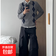 英倫風(fēng)菱格紋長(cháng)袖針織衫男修身顯瘦外套POLO領(lǐng)毛衣百搭上衣 灰色 L