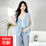 馬海毛V領(lǐng)針織馬甲秋冬新款寬松休閑女毛衣開衫純色簡約無袖坎肩 淺藍(lán) 常規(guī) 均碼 90-140斤