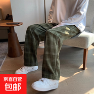 春秋格子褲男九分ins潮牌日系直筒英倫休閑寬松復古9分燈芯絨褲子 綠色 常規 高品質(zhì) 2XL 建議140-160斤