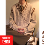 2025秋冬復古寬松日系學(xué)院風(fēng)麻花條紋毛衣針織衫馬甲背心男女潮 B101-杏色   L