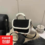 秋冬新款復古羊羔毛手提包帶小包女青年通勤逛街單肩包斜挎包方包 黑色