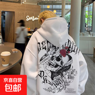 美式vintage復古骷髏印花衛(wèi)衣女男秋冬歐美高街頭風潮牌上衣外套 白色 加絨 L