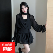 辣妹性感風(fēng)飄帶喇叭袖連衣裙甜辣高腰修身內搭吊帶顯瘦小黑裙套裝 黑色 2XL