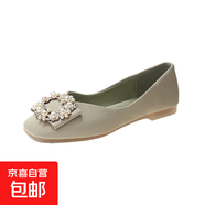 曼麗玲新款法式復古珍珠裝飾百搭軟底豆豆鞋女士平底單鞋 綠色 37