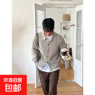 深藍(lán)色粗麻花針織開衫男生寬松慵懶感毛衣休閑翻領(lǐng)毛線衫外套 淺灰色 L