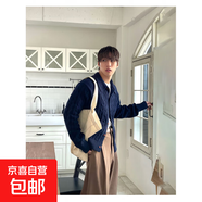 深藍色粗麻花針織開(kāi)衫男生寬松慵懶感毛衣休閑翻領(lǐng)毛線(xiàn)衫外套 深藍色 L