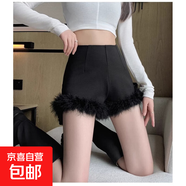 毛毛拼接白色休閑短褲女秋冬季高腰緊身直筒褲子a字包臀打底熱褲 黑色 XL