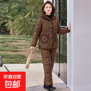 棉襖棉褲中老年寬松兩件套冬季新款媽媽家居加絨保暖加厚棉衣套裝 綠色花 3XL 120-135斤