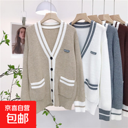 8220 繆系慵懶上衣秋冬季V領(lǐng)撞色高智螺紋粗針刺繡字母針織衫毛衣 開(kāi)衫卡其 M