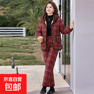 棉襖棉褲中老年寬松兩件套冬季新款媽媽家居加絨保暖加厚棉衣套裝 紅色格子 3XL 120-135斤