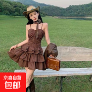 美拉德復古褶皺荷葉邊吊帶連衣裙辣妹新疆草原旅游穿搭短款套裝女 連衣裙 XL