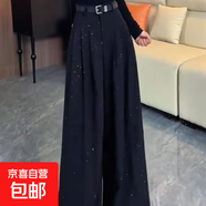 黑色細閃寬松慵懶闊腿舒適褲2025年春夏新款法式高腰個(gè)性西裝褲 黑色 L