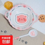 釉下彩可愛(ài)卡通碗碟套裝家用高顏值陶瓷碗筷盤(pán)餐具 可愛(ài)豬豬花籃碗2件套
