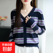 撞色條紋氣質(zhì)V領(lǐng)早秋新款寬松薄毛衣外套女時(shí)髦流蘇毛邊針織開(kāi)衫 藏藍彩條 藏藍彩條 L 115-130斤