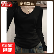 夏季正肩短袖T恤女純色棉質(zhì)修身褶皺顯瘦不規則短款小個(gè)子上衣YRL 黑【V領(lǐng)】【常規款】 【長(cháng)袖】 L