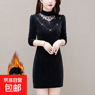 2025秋冬新款加絨加厚顯瘦中長(cháng)款打底裙女裝長(cháng)袖過(guò)膝潮流外穿 黑色 XL 【建議115-130斤】