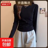 夏季正肩短袖T恤女純色棉質(zhì)修身褶皺顯瘦不規則短款小個(gè)子上衣YRL 黑【圓領(lǐng)】【收腰純色】 【長(cháng)袖】 XL