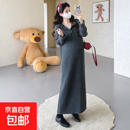 2025秋冬季新品孕婦連衣裙坑條毛衣拼接蕾絲直筒針織孕期長(cháng)裙顯瘦 灰色 M