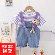 小巴戎童裝2024夏款小熊背帶牛仔短褲套裝女童洋氣條紋短袖兩件套 紫色 80 cm