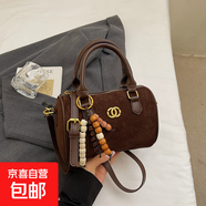 高級感小眾豹紋包包女2025新款秋冬季百搭斜挎包通勤手提波士頓包 咖色帶掛件