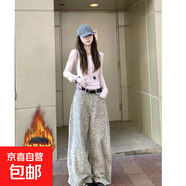 美式高街加絨豹紋彎刀牛仔褲女秋冬新款高腰顯瘦寬松闊腿拖地長(cháng)褲 豹紋【加絨九分褲】 S