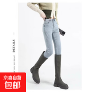 黑色緊身牛仔褲女加絨秋冬新款高腰小腳褲大碼顯瘦鉛筆褲加厚靴褲 淺藍色 加絨 31