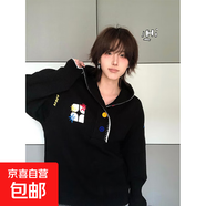 美式復古刺繡連帽毛衣女款多巴胺彩色寬松針織衫慵懶風(fēng)衛衣外套 黑色 M