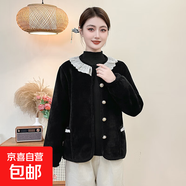 冬季新款蕾絲花邊棉衣女洋氣百搭棉服媽媽冬季加絨加厚保暖棉襖 黑色 3XL 120-135斤