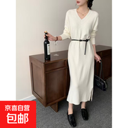 長(cháng)款連衣裙女2025年秋冬新款保暖針織內搭裙冬季打底毛衣裙名媛風(fēng) 米白 M 建議90-115斤
