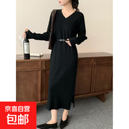 長(cháng)款連衣裙女2025年秋冬新款保暖針織內搭裙冬季打底毛衣裙名媛風(fēng) 黑色 M 建議90-115斤