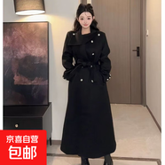2025新款韓版白色雙面毛呢外套秋冬收腰綁帶過膝長短款大衣女 黑色長款 厚款 衣長118-122 XL (175) 140-160斤