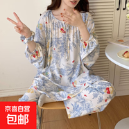 秋季新款長(cháng)袖睡衣棉綢甜美可愛(ài)睡裙舒適小眾高級感百搭家居服輕奢 青花瓷 L 常規碼90-150斤