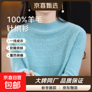 100羊毛一線(xiàn)成衣羊毛衫女秋冬半高領(lǐng)鏤空毛衣打底衫寬松針織衫 湖藍色 XL 125-135斤