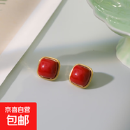 法式復古時(shí)尚OL安可拉紅幾何方形耳釘輕奢氣質(zhì)高級感952銀針耳飾 紅色膠塊耳釘