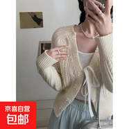 韓系小清新蝴蝶結針織開(kāi)衫女秋裝新款復古小眾設計感毛衣外套上衣 杏色 S