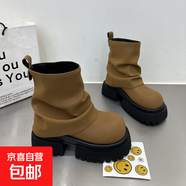 2025春秋冬新款褲管靴大頭短靴子厚底女鞋時(shí)尚百搭套筒切爾西單靴 駝色 36
