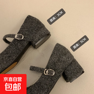 2025秋季新款女鞋小香風(fēng)方頭水鉆毛毛鞋女秋冬加絨粗跟瑪麗珍單鞋 灰色加絨 3cm 35 (225mm)