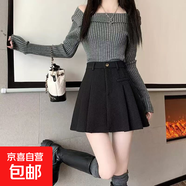 2025秋冬毛呢半身裙短款百褶裙短裙減齡高腰修身顯腿長(cháng)A字裙學(xué)院 黑色 L