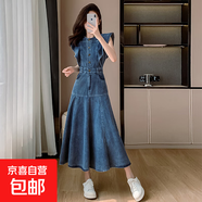大碼今年流行漂亮荷葉邊牛仔連衣裙女飛飛袖減齡氣質(zhì)過(guò)膝長(cháng)裙胖mm 藍色 M