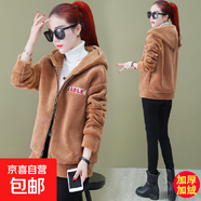 ?短外套女秋冬季胖MM仿羊羔衛衣加大碼寬松女裝外套 棕色 XL 【建議105-120斤】