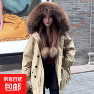 羽絨棉衣外套2025冬季新加絨加厚毛邊派克棉襖大毛領(lǐng)保暖連帽棉服 卡其色 L