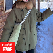 羽絨棉衣外套2025冬季新加絨加厚毛邊派克棉襖大毛領(lǐng)保暖連帽棉服 軍綠色 S