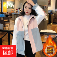 連帽工裝外套女加絨拼色潮牌夾克女秋冬季韓版寬松學(xué)生原宿bf風(fēng) 灰色（加絨款） XL