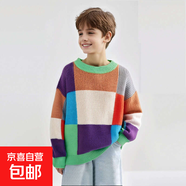 棋盤(pán)格拼色馬海毛毛衣中大童打底童裝舒適秋款男童寬松針織衫 綠領(lǐng)彩色 140