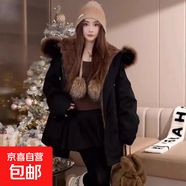 羽絨棉衣外套2025冬季新加絨加厚毛邊派克棉襖大毛領(lǐng)保暖連帽棉服 黑色 XL