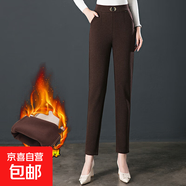 貝殼呢加絨加厚九分哈倫休閑褲女秋冬新款彈力松緊寬松保暖褲子 咖啡色 M