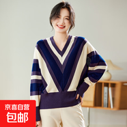 寬松大碼V領(lǐng)條紋毛衣女針織新款上衣2025蝙蝠袖春秋打洋氣底毛衫 紫色 L 115-125